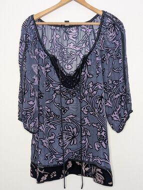 Hale Bob Blouse Women's Medium Silk Blend Bohemian Purple Floral Sheer Tunic